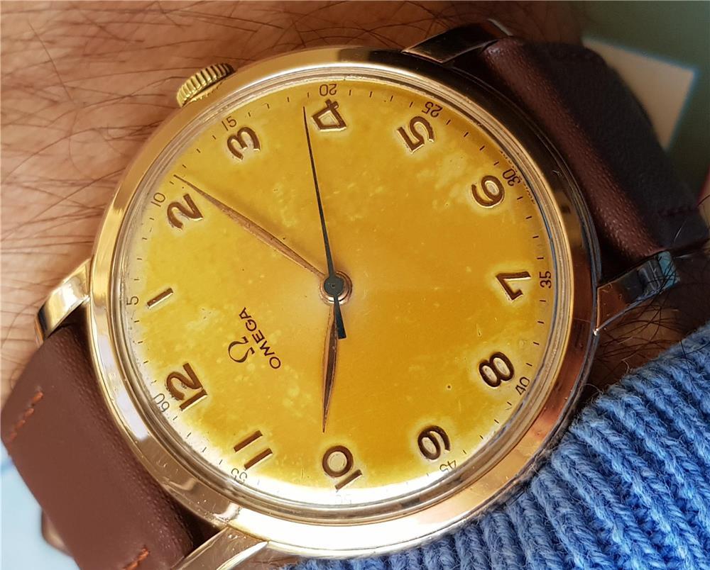 39mm Ceas Elvetian Omega Jumbo Cadran Tropical pl aur cal 283 din 1947