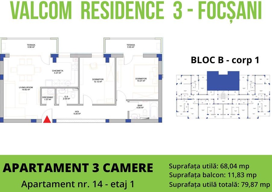 Apartament 3 camere-Str Cuza Voda-S=79.87 mp-et 1