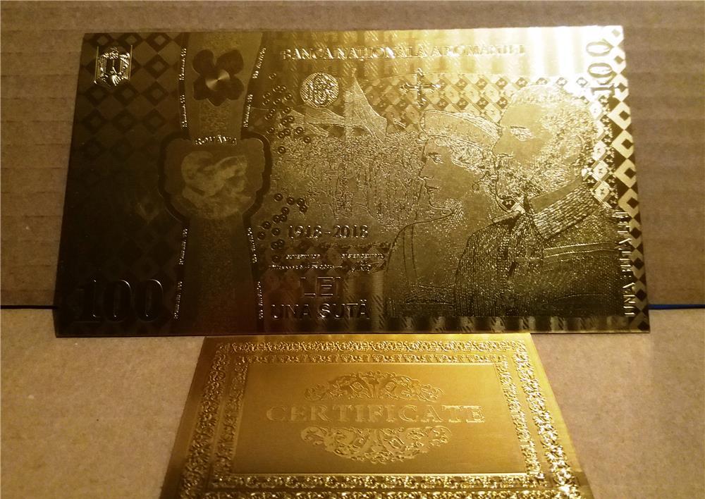 Bancnota 100 LEI Unire Centenar aur 24k gold certificat 2018 UNC colectie