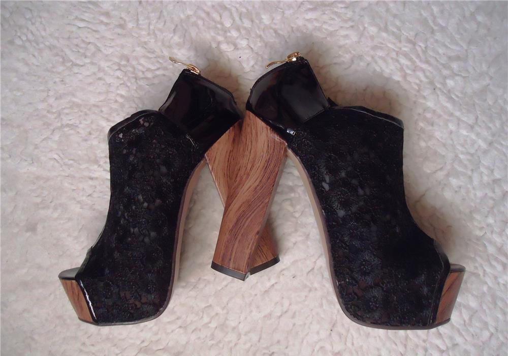 Botine dama negre dantela tocuri lemn 14 cm fermoar spate platforme ascunse 5 cm vara club sigure