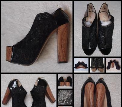 Botine dama negre dantela tocuri lemn 14 cm fermoar spate platforme ascunse 5 cm vara club sigure