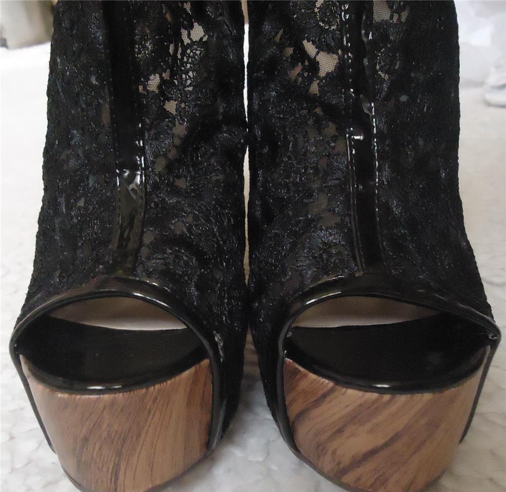 Botine dama negre dantela tocuri lemn 14 cm fermoar spate platforme ascunse 5 cm vara club sigure