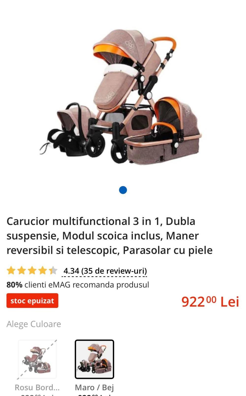 Cărucior copii 0-6luni, multifunctional 3 in 1, Dubla suspensie, Modul scoica inclus.600ron/neg