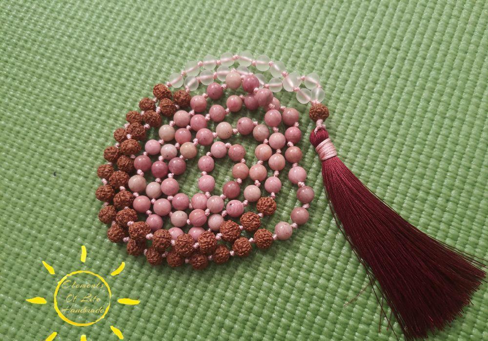 Colier mala 108 pietre rodonit, rudraksha si cristal de stanca