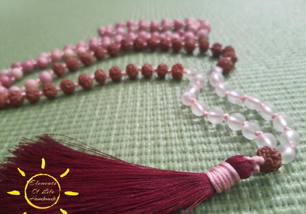 Colier mala 108 pietre rodonit, rudraksha si cristal de stanca