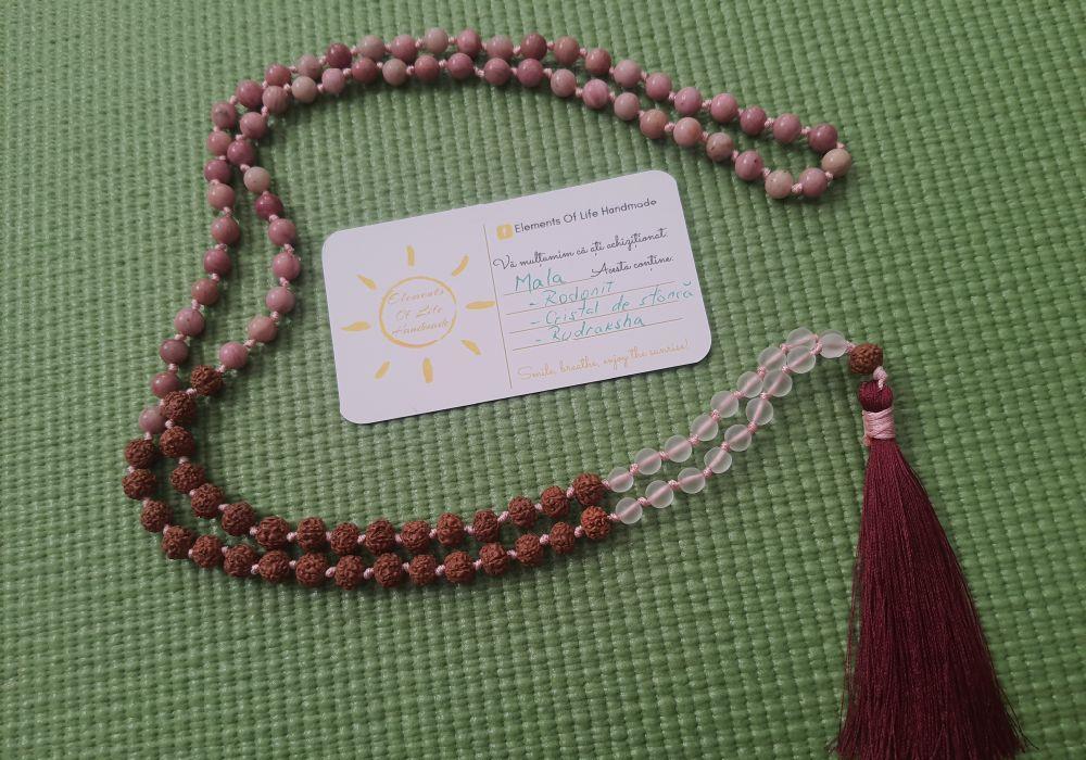 Colier mala 108 pietre rodonit, rudraksha si cristal de stanca