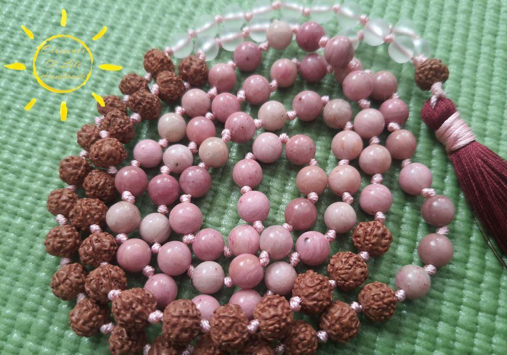 Colier mala 108 pietre rodonit, rudraksha si cristal de stanca