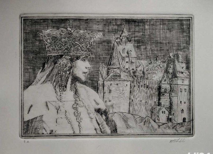 Gravura aquaforte 35x25  " Bran - castelul Regina Maria"
