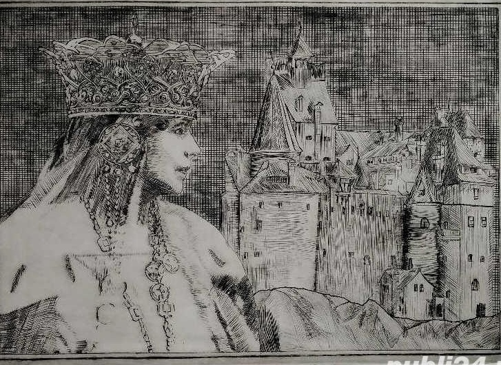 Gravura aquaforte 35x25  " Bran - castelul Regina Maria"