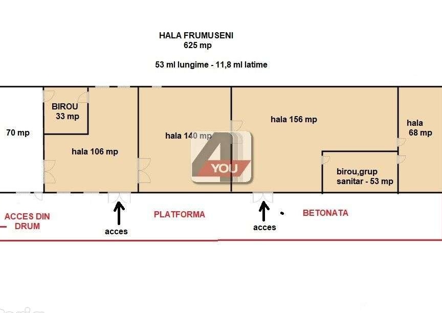 Hala 625 mp de inchiriat in Frumuseni cu platforma betonata 300 mp