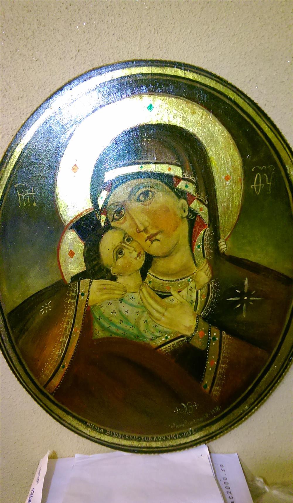 ICOANA MAICA DOMNULUI CU PRUNCUL PE LEMN PLIN OVAL SEMNATA ,,NIKOLA BIJODORVIK,,
