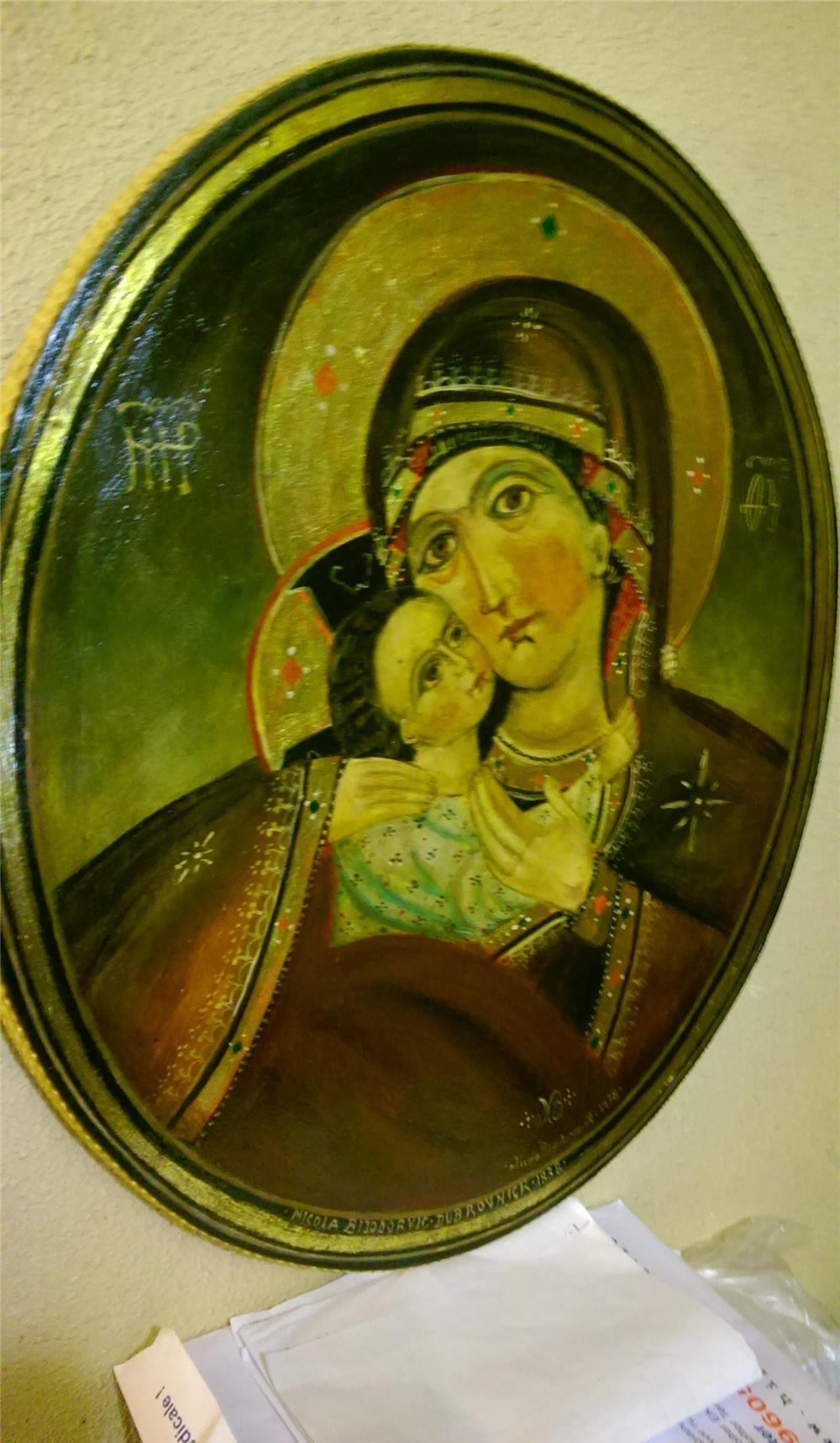 ICOANA MAICA DOMNULUI CU PRUNCUL PE LEMN PLIN OVAL SEMNATA ,,NIKOLA BIJODORVIK,,