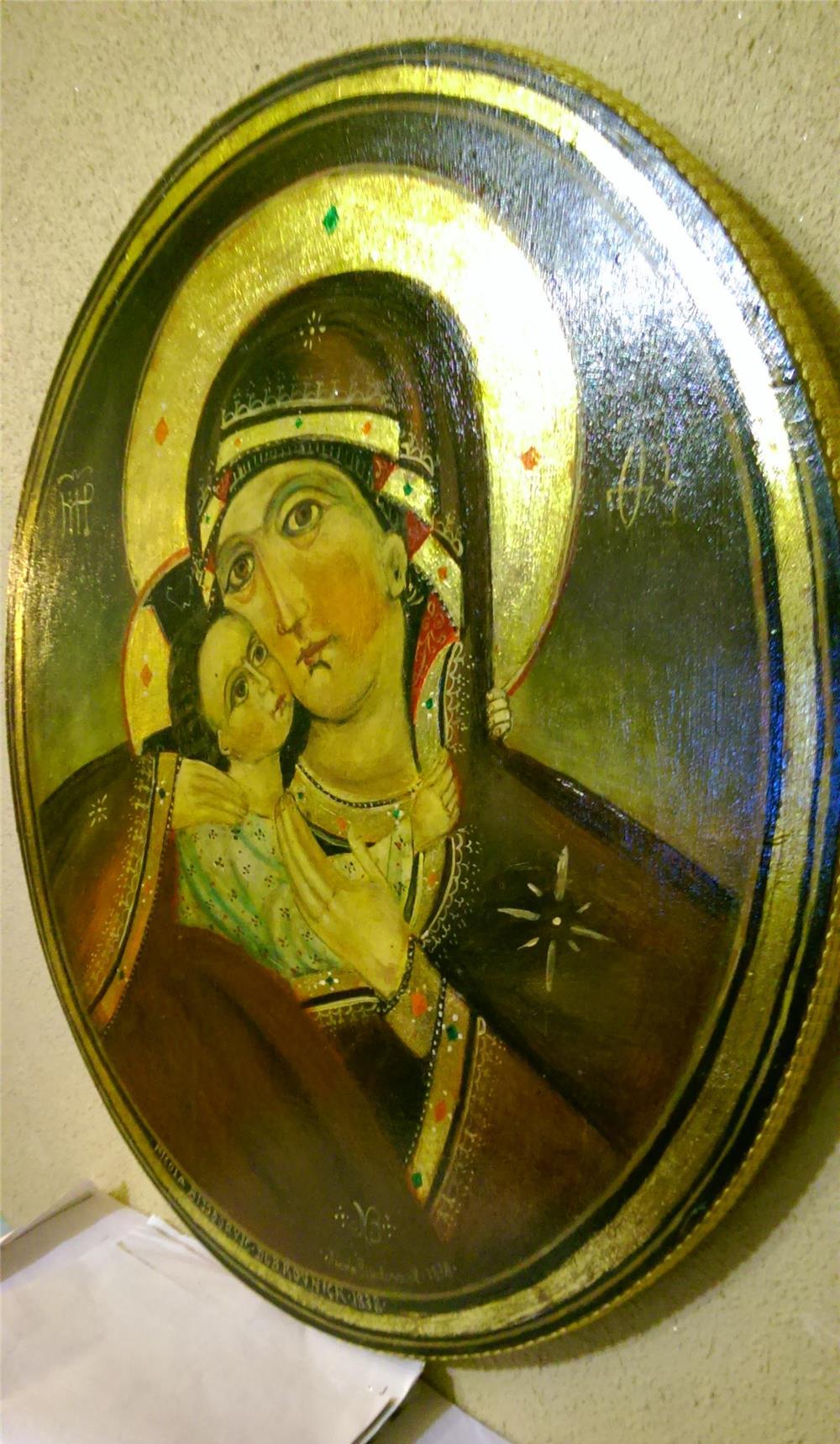ICOANA MAICA DOMNULUI CU PRUNCUL PE LEMN PLIN OVAL SEMNATA ,,NIKOLA BIJODORVIK,,