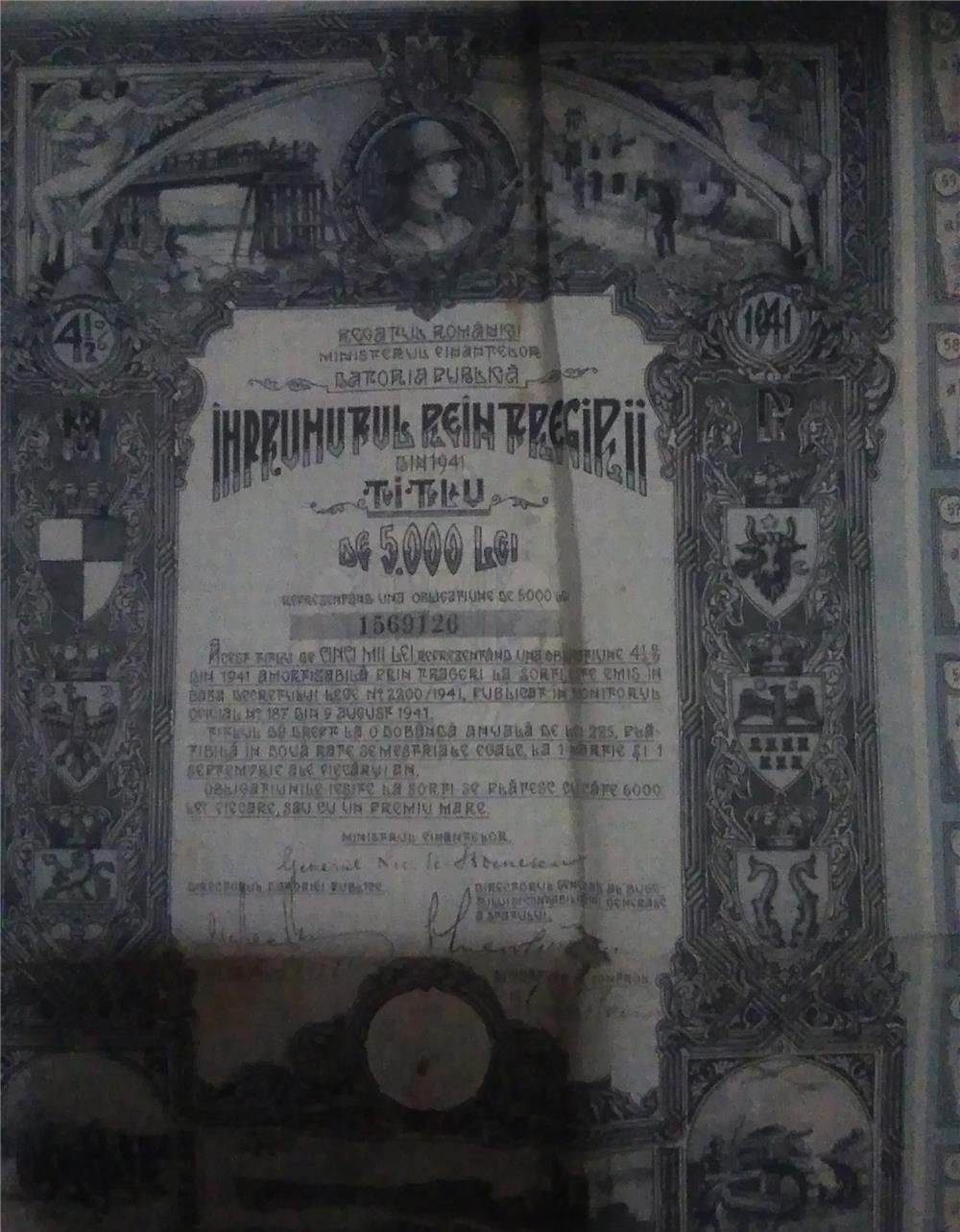 Imprumutul Reintregirii din 1941 Titlu de 5000 lei .