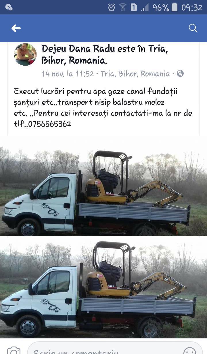 Închiriez miniexcavator transport nisip balastru pietris etc