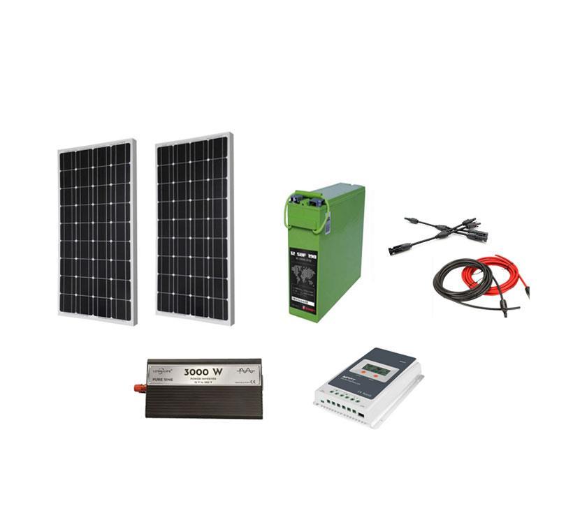 Kit fotovoltaic rulota/cabana 360 W pe 12 V cu invertor 3000 W (2 panouri 180W)