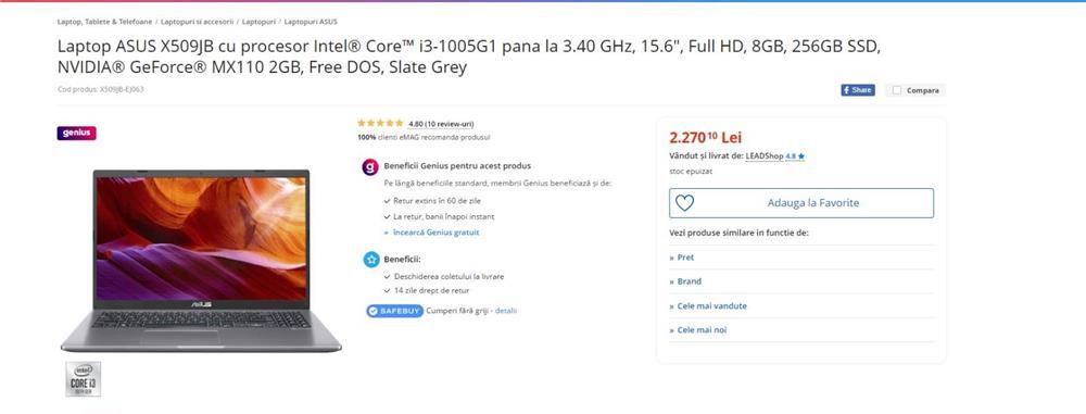 Laptop ASUS X509JB cu procesor Intel  Core  i3-1005G1, 8gb ram, nVidia mx 110 2gb