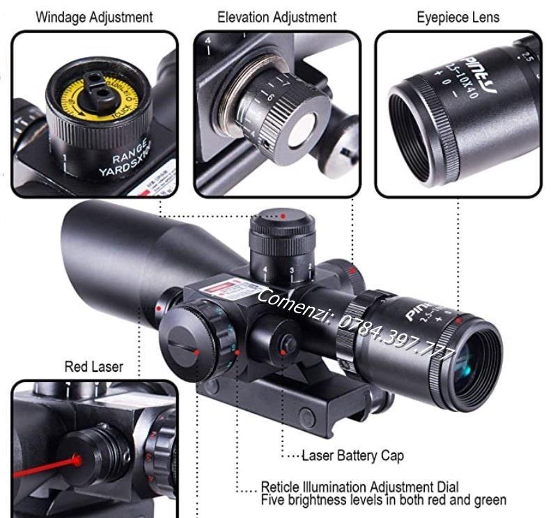 Luneta cu lumina laser 2,5 10X40 pusca vanatoare arma aer comprimat pistol airsoft arbaleta spionaj