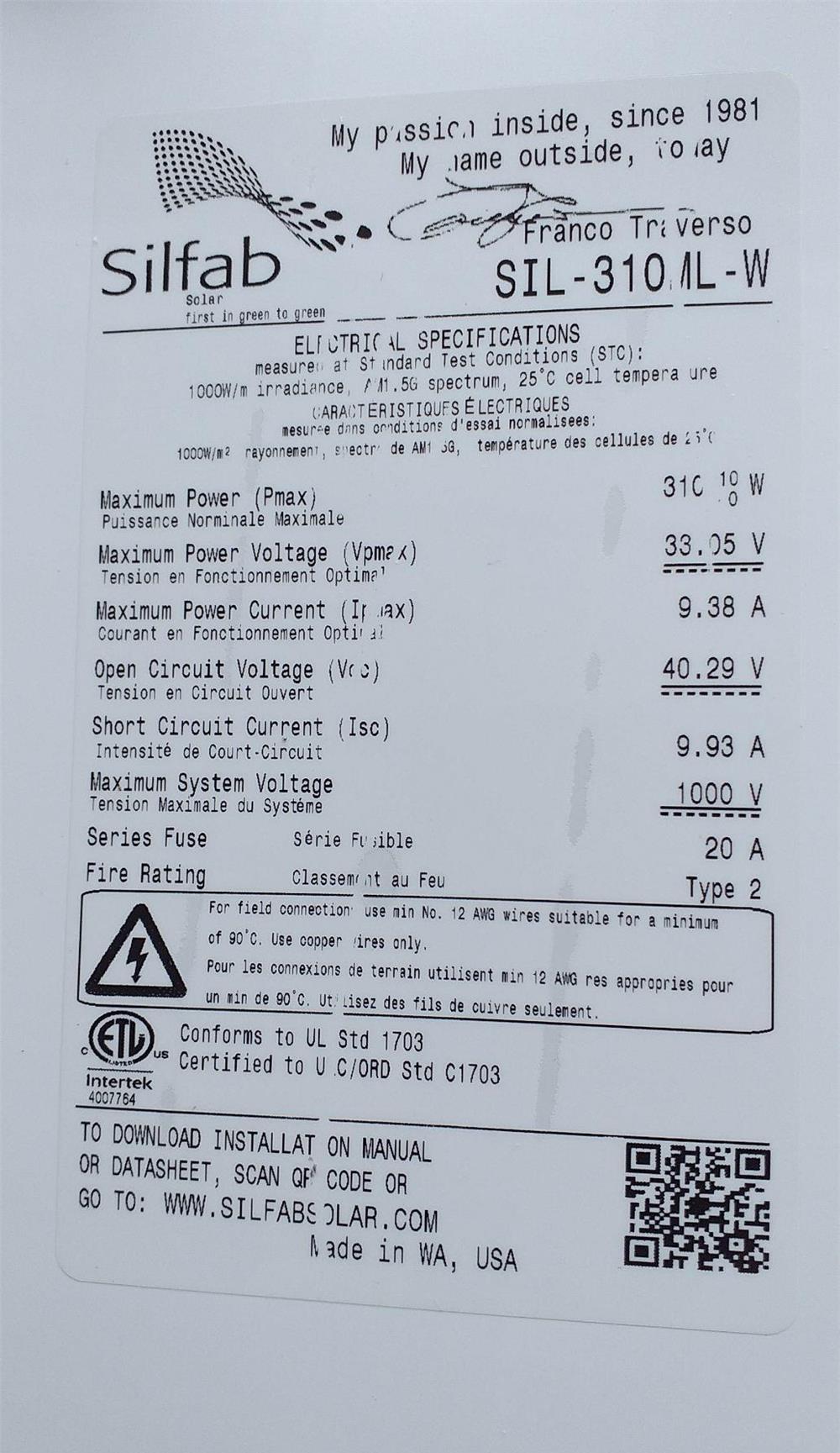 PALET 26 buc. panou/ri fotovoltaic/e monocristaline 310W SILFAB-SOLAR made in USA PRET cu TVA !