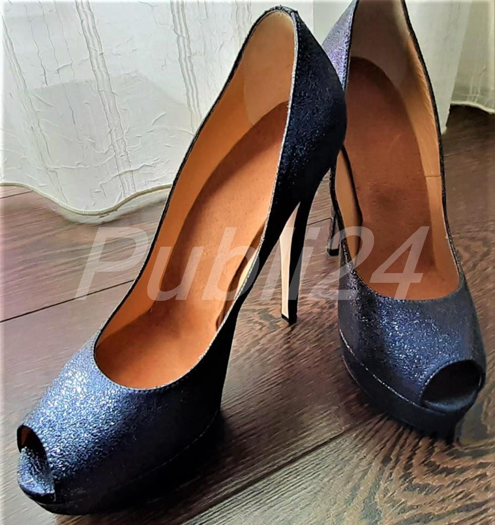 pantofi albastri din piele naturala, decupati in fata, toc 13cm, club, party