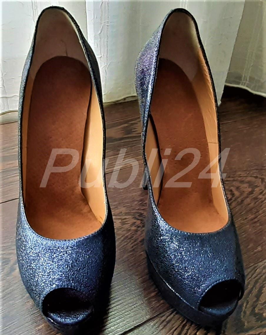 pantofi albastri din piele naturala, decupati in fata, toc 13cm, club, party