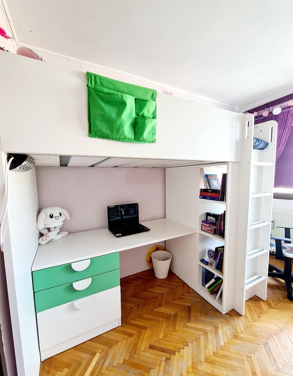 Pat IKEA supraetajat, alb verde/cu birou +3 sertare, 90x200 cm