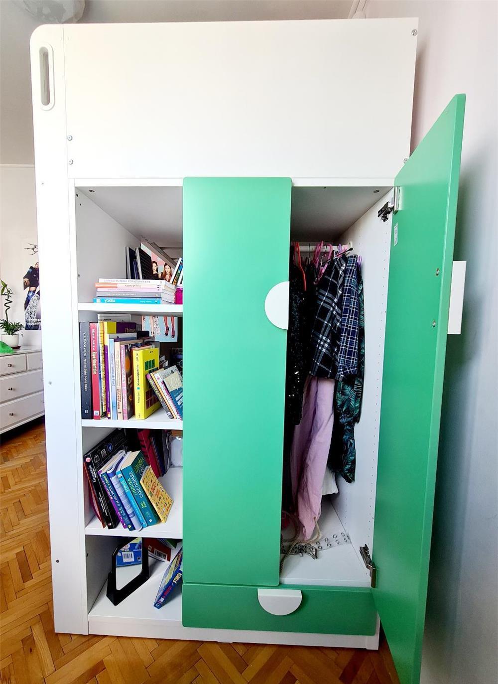 Pat IKEA supraetajat, alb verde/cu birou +3 sertare, 90x200 cm