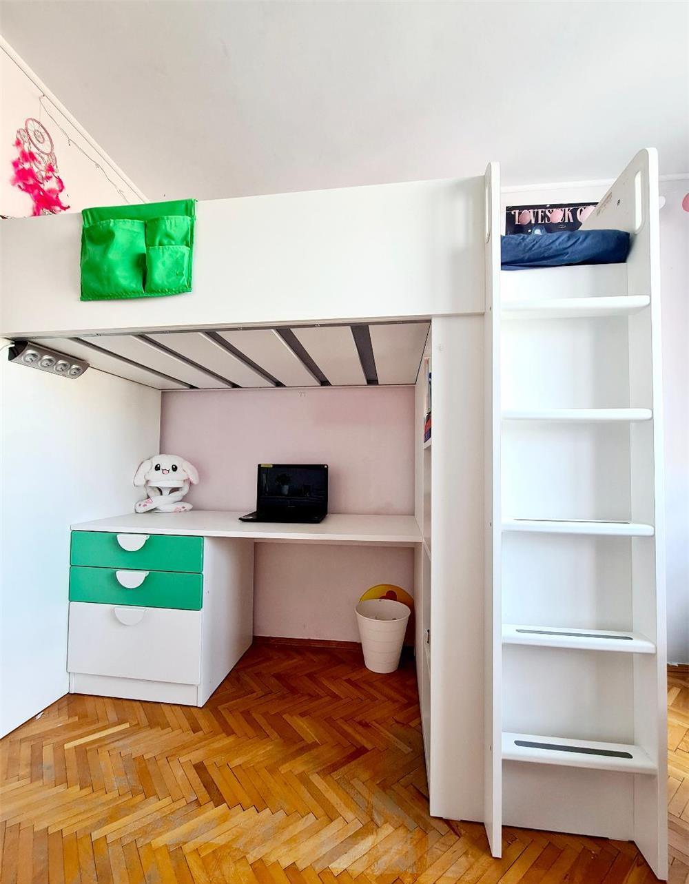 Pat IKEA supraetajat, alb verde/cu birou +3 sertare, 90x200 cm