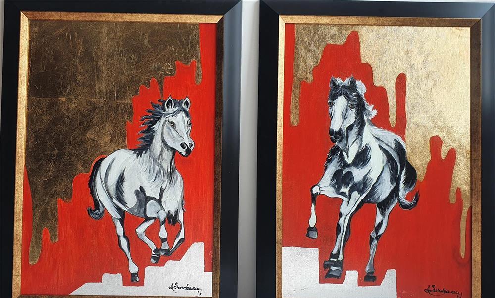 PICTURA, TABLOU modern decorativ, foita aur, nou, CAL IN GALOP nr.2,pictor roman, FENH SHUI