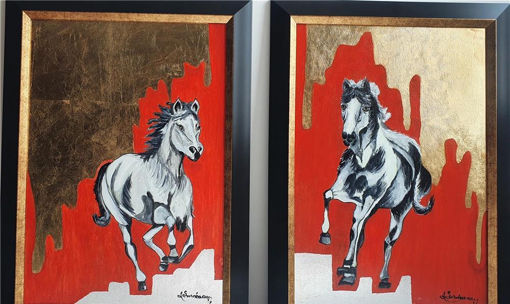 PICTURA, TABLOU modern decorativ, foita aur, nou, CAL IN GALOP nr.2,pictor roman, FENH SHUI