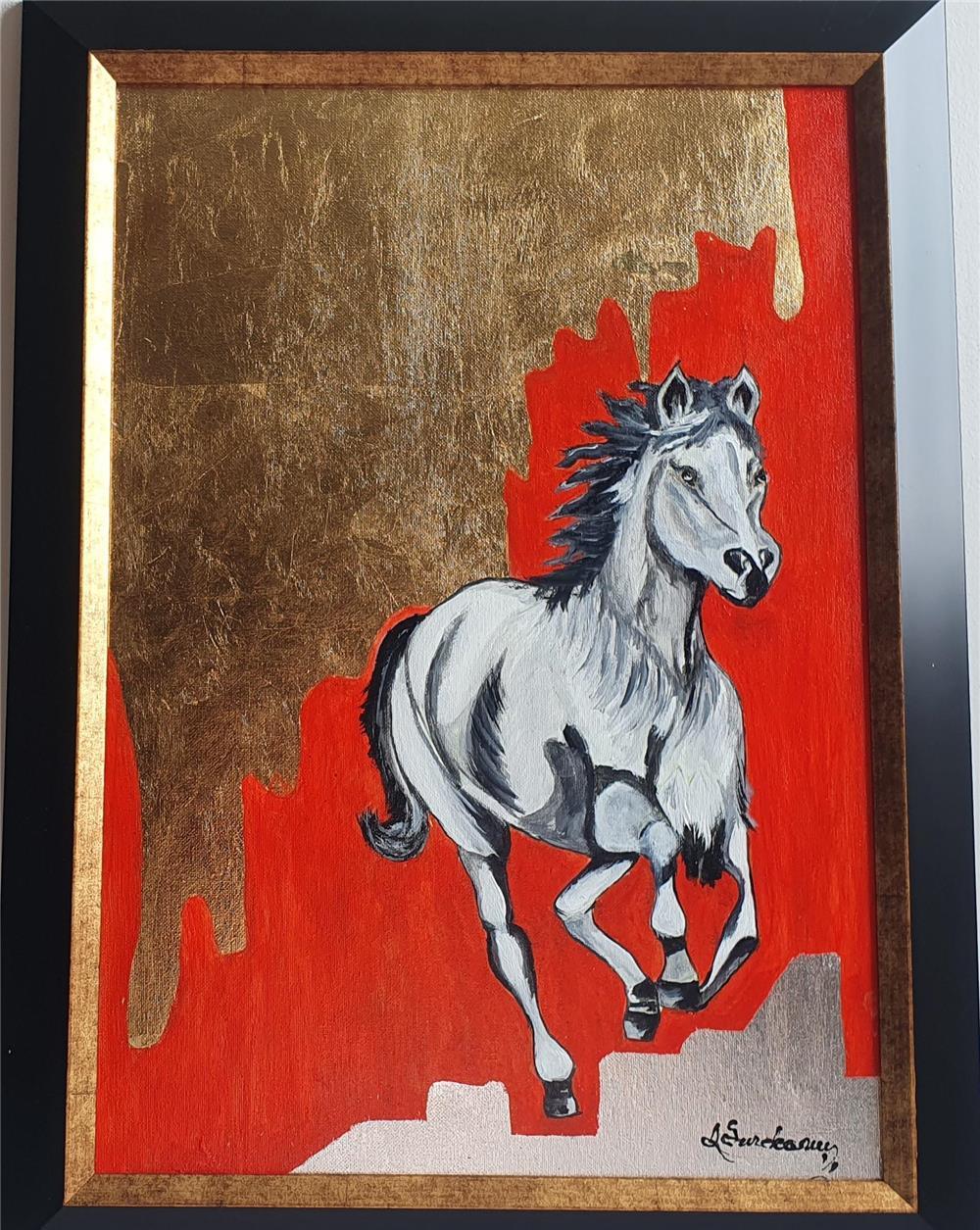 PICTURA, TABLOU modern decorativ, foita aur, nou, CAL IN GALOP nr.2,pictor roman, FENH SHUI