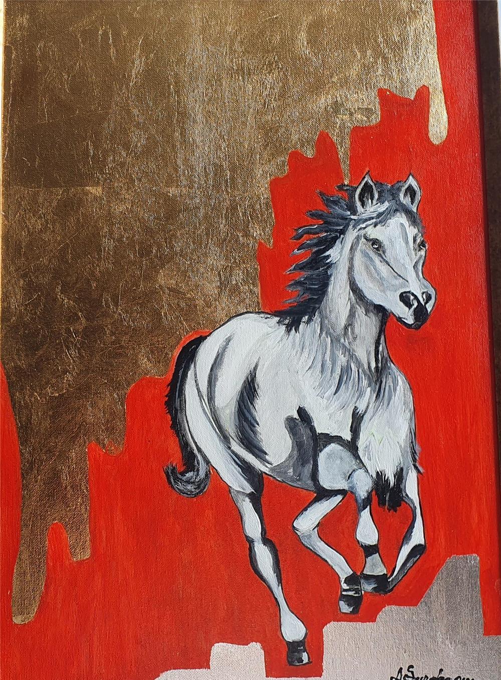 PICTURA, TABLOU modern decorativ, foita aur, nou, CAL IN GALOP nr.2,pictor roman, FENH SHUI