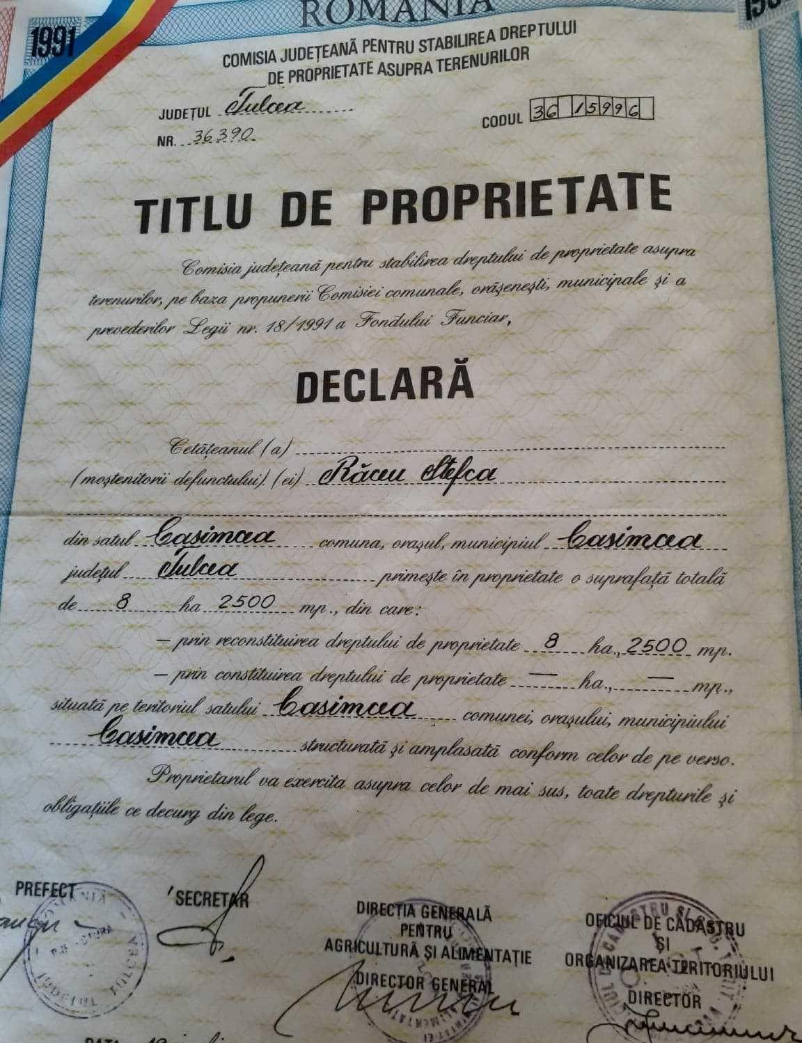 Proprietar.vand teren extravilan ju.Tulcea com.Casimcea