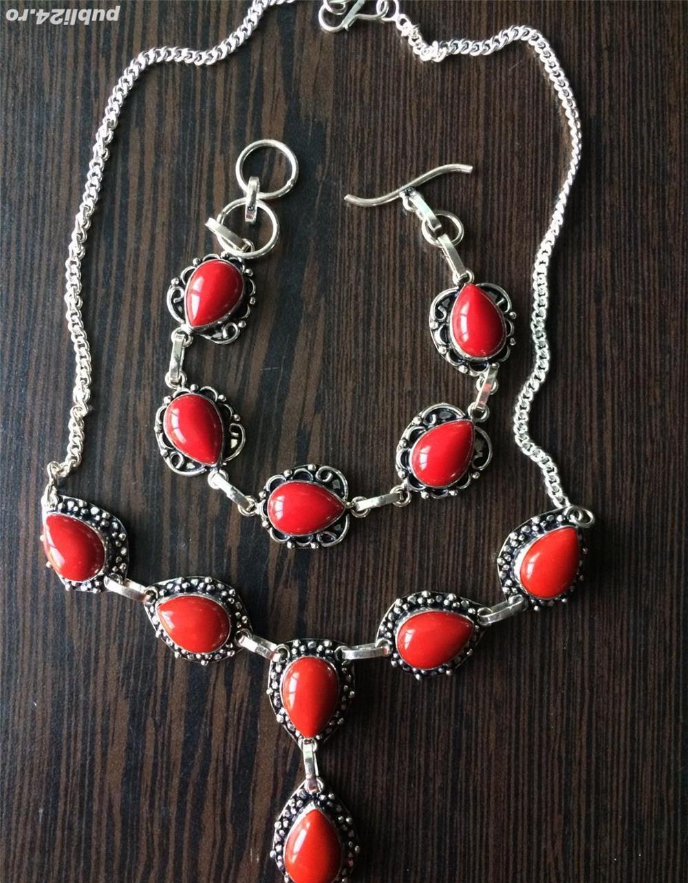 Set Lant si Bratara Argint 925 cu Pietre Semipretioase Coral