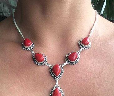 Set Lant si Bratara Argint 925 cu Pietre Semipretioase Coral