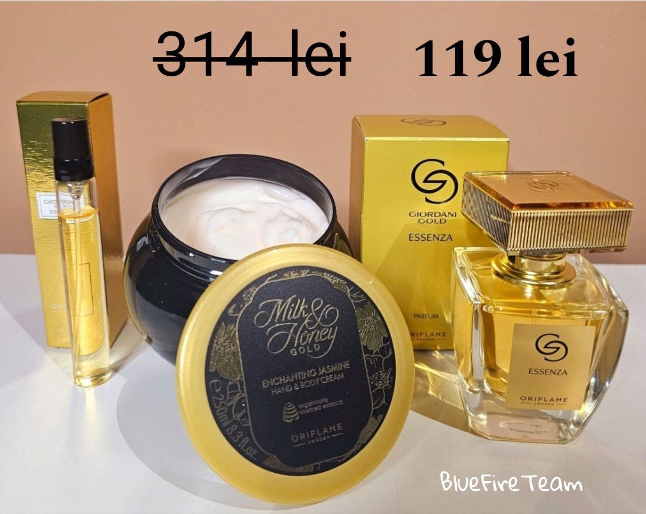 ✨ Setul Giordani Gold Essenza + cremă + mini parfum la doar 119 lei în loc de 314 lei! Stoc limitat – scrie-mi repede dacă îl vrei! 💛