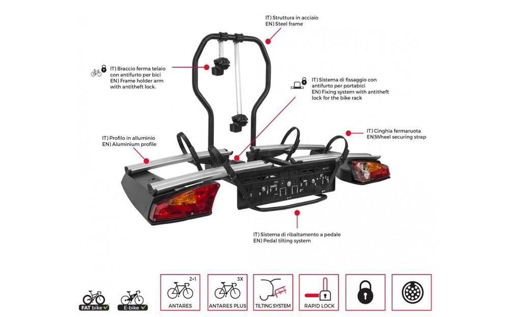 Suport biciclete Menabo Antares Plus pentru 3 biciclete cu prindere pe carligul de remorcare, pliabi