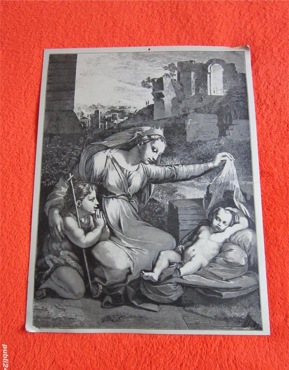 tablou metalic,vintage-Fecioara Maria,Iisus si Ioan-dupa Rafael-cadou inedit