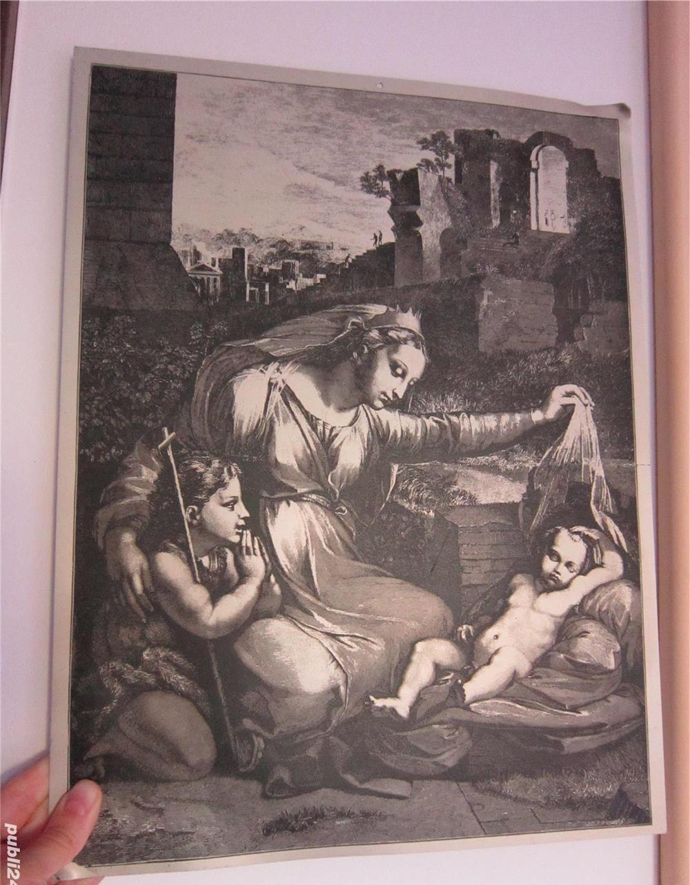 tablou metalic,vintage-Fecioara Maria,Iisus si Ioan-dupa Rafael-cadou inedit