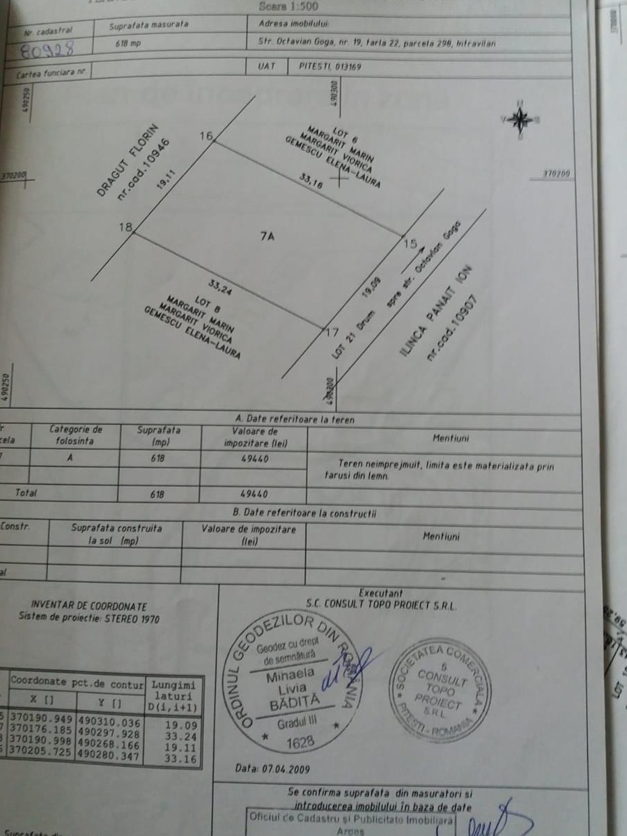 Teren 618 mp strada Octavian Goga, Pitesti, 90 euro/ mp