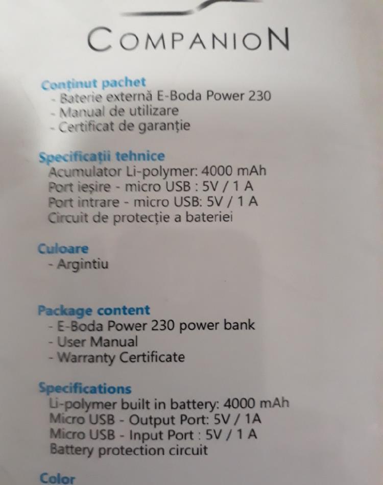Vând bateria externa E-Boda Power 4000 mAh NOUA / SIGILATA
