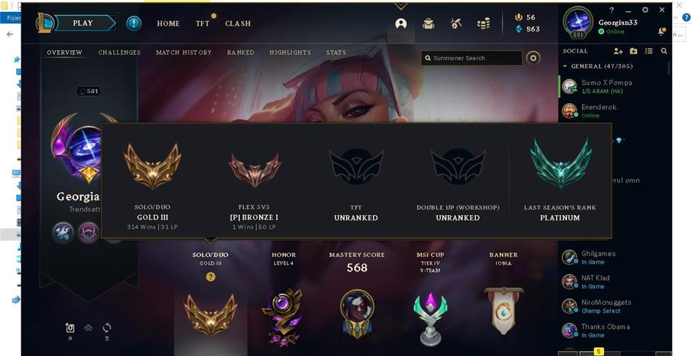 VAND CONT LEAGUE OF LEGENDS LVL 581 TOTI CAMPIONI 300 SKINURI