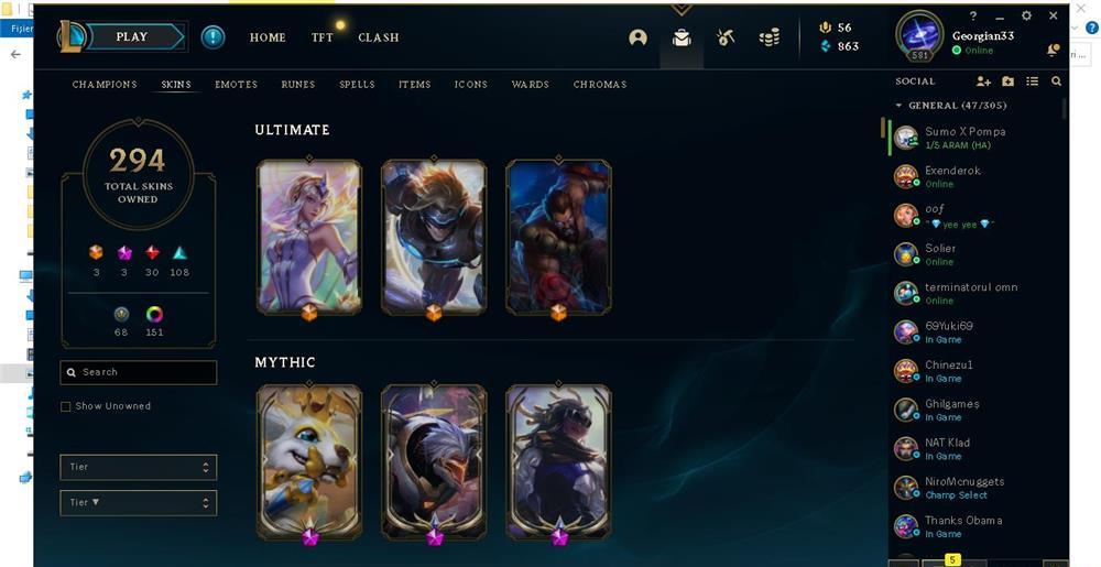 VAND CONT LEAGUE OF LEGENDS LVL 581 TOTI CAMPIONI 300 SKINURI