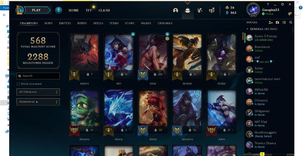 VAND CONT LEAGUE OF LEGENDS LVL 581 TOTI CAMPIONI 300 SKINURI
