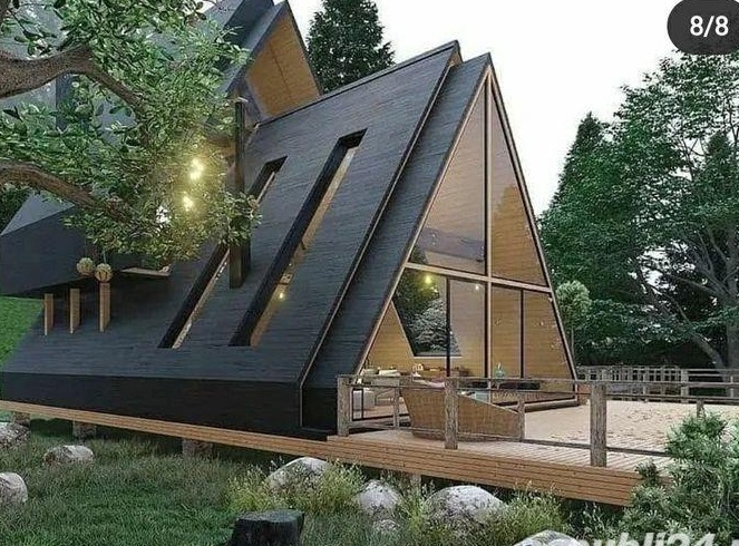 Vând într-o zonă mirifică, Case de vacanță stil scandinav în formă de A-frame și teren lângă pădure