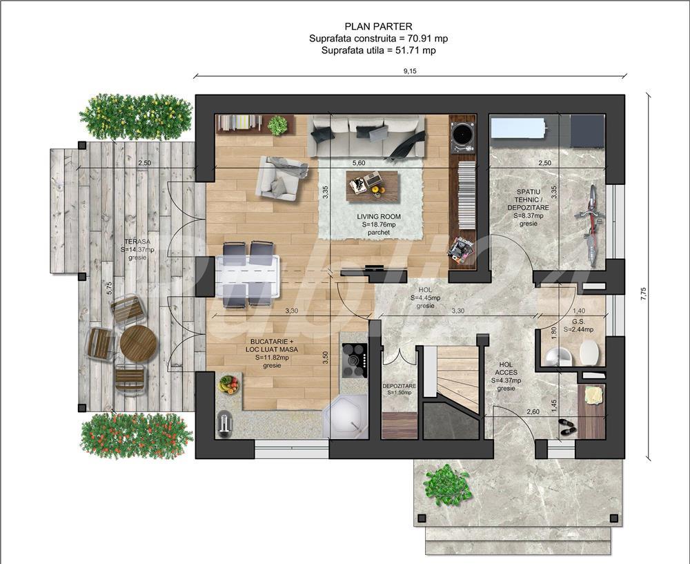 Vand proiect pentru o casa unifamiliala Parter + Mansarda, pret 1.099 Euro !
