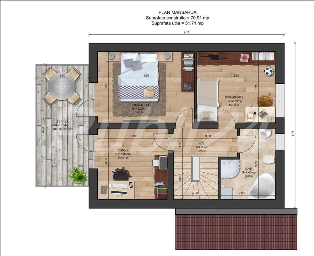 Vand proiect pentru o casa unifamiliala Parter + Mansarda, pret 1.099 Euro !