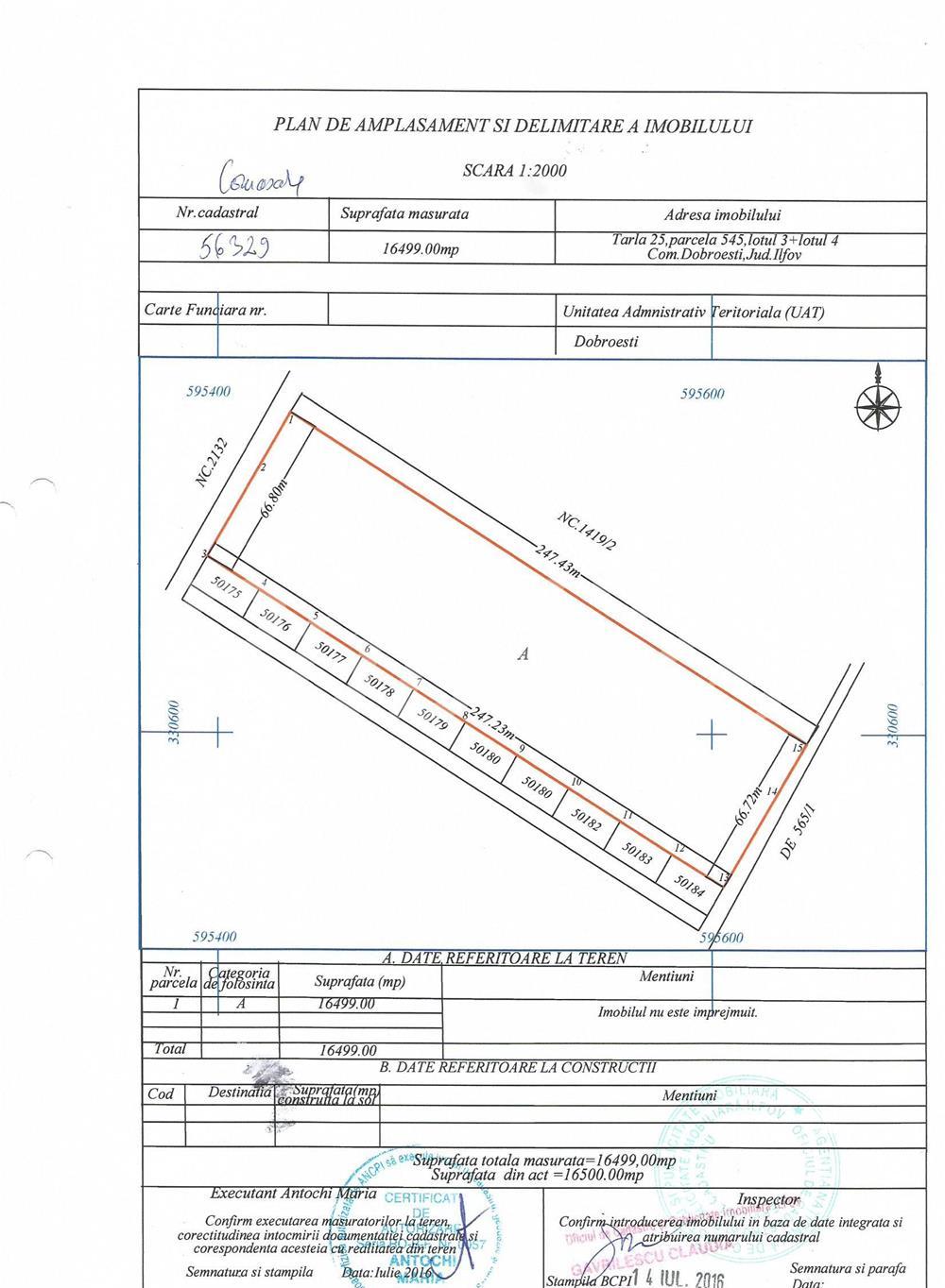 Vanzare Teren intravilan 16.500mp, deschidere 66.72ml, Dobroesti,Ilfov, construibil rezidential